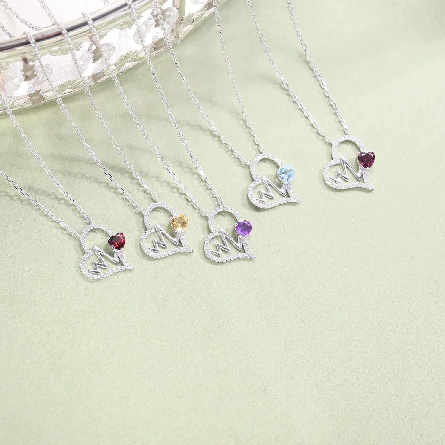 C7480 Abiding Romantic 925 Sterling Silver Rhodium Plated Natural Gemstone Cubic Zirconia Heart Pendant Necklace
