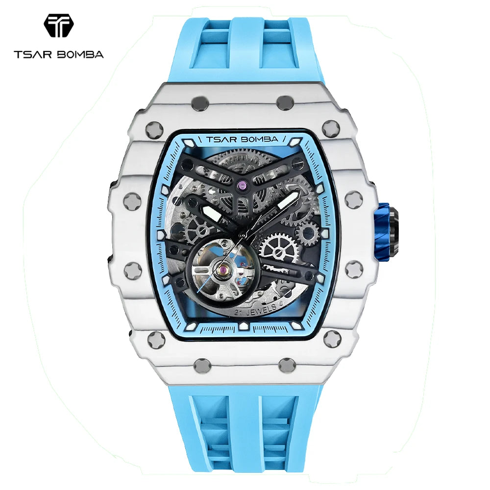 Men's Hollow Skeleton Charm Wrist Automatic Mechanical Analog Sapphire Crystal Watches Limited Edition Rubber Strap Tonneau Case
