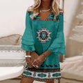 Latest Design Aztec Printed Flared Long Sleeve V Neck Dresses Women Casual Wear Mini Loose Dress 2025 Summer