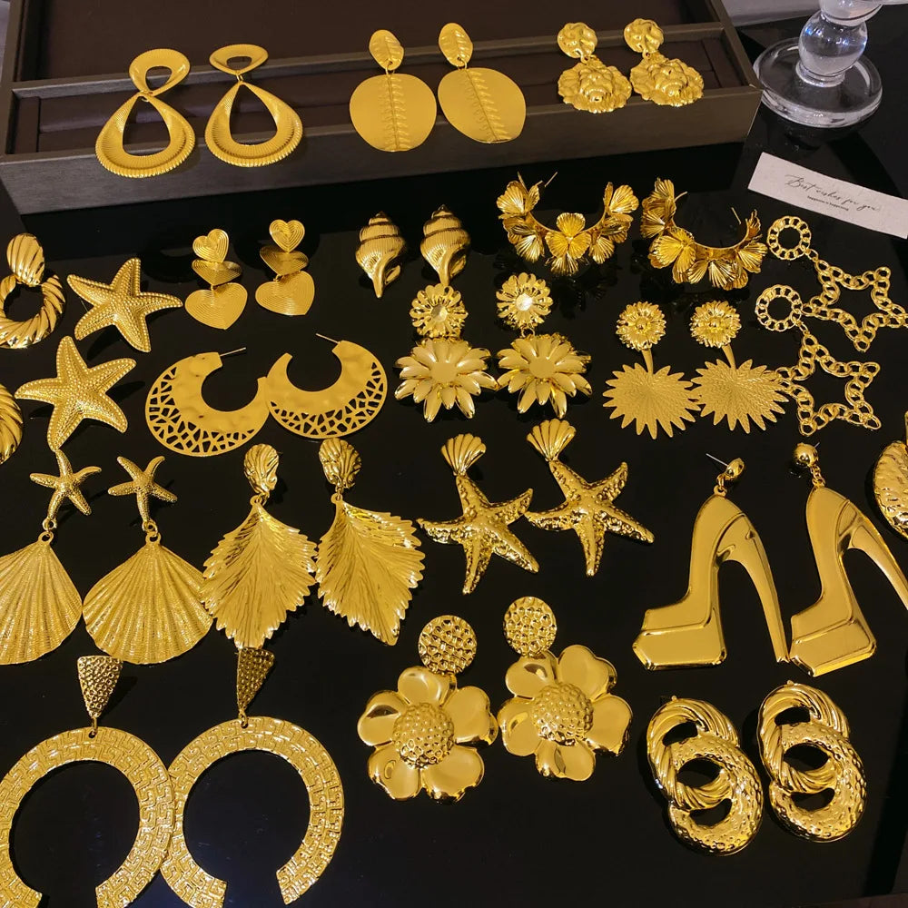 European American Style Cross-Border Fashion Simple Earrings New High-End Metal Flower Studs Retro Palace Trendy Ear Jewelry