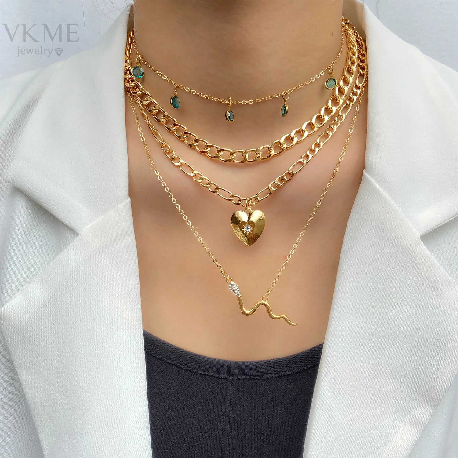 VKME Layered Heart Pendant Snake Pendant Dohemia Crystal Necklace