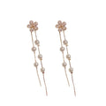 AA00454 Wholesale Brass Inlaid Zircon Flower Pearl Tassel Earrings S925 Silver Needle Long Tassel Stud Earrings for Women