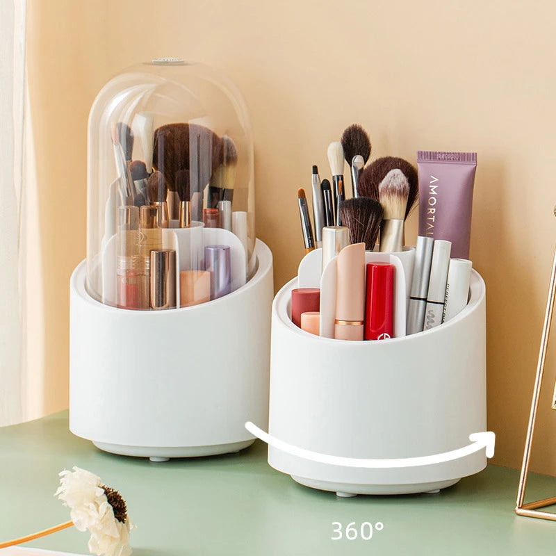Makeup Brush Organizer 360 Degree Rotating Dust-Poof Display Organizer Box With Transparent Lid for Desktop Bathroom