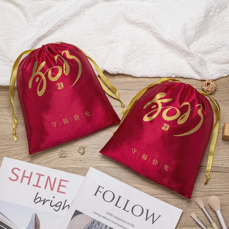Custom Logo Printing Shiny Satin Dust Bag for Soft Drawstring  Gift Packing Silk Satin Pouch for Gift Toys