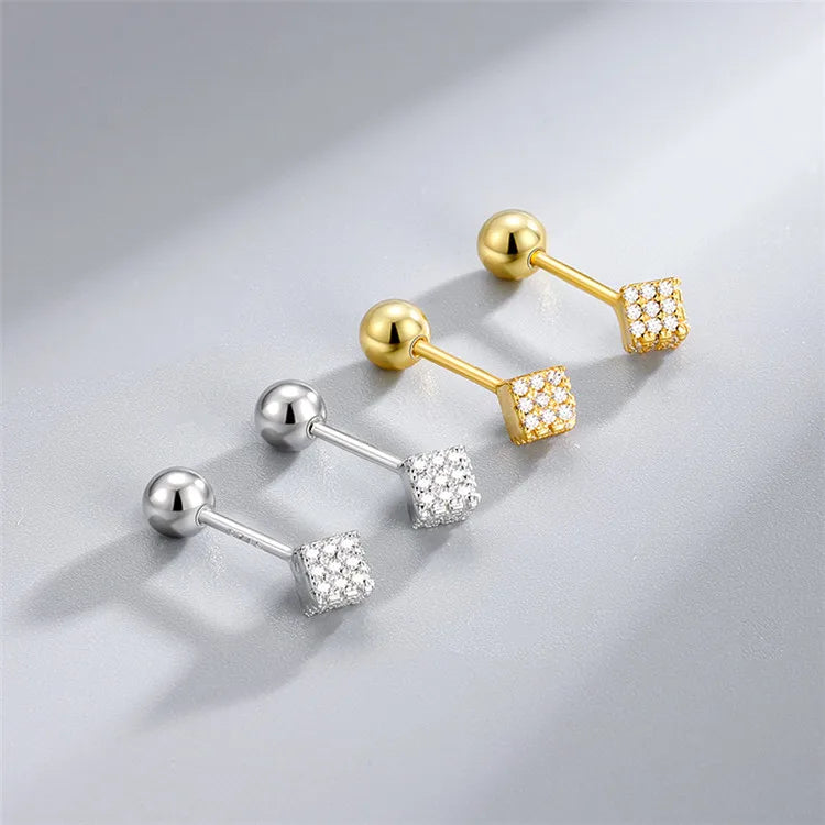 SP Korean Fashion Screw Backs Cube Studs Jewelry 925 Sterling Silver Tiny Zircon Cube Stud Earrings