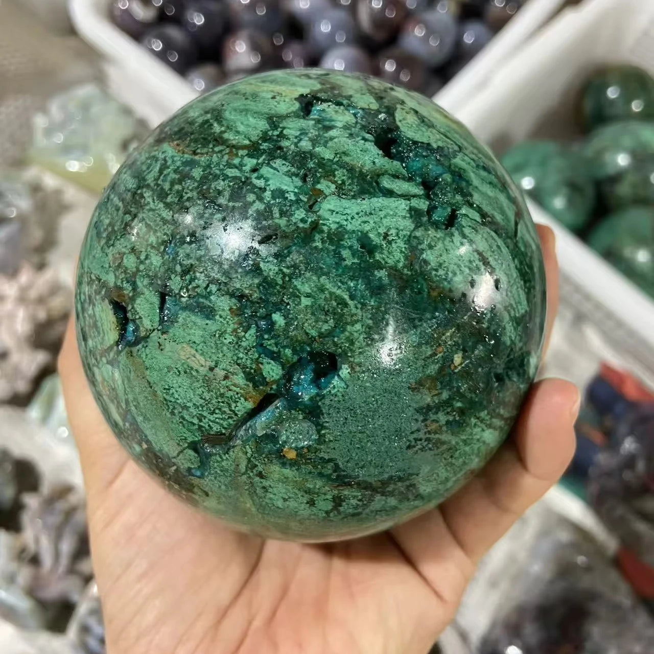 Natural Phoenix Pine Sphere Fynchenite Chrysocolla Malachite Azurite Geode Crystal Ball for Home Decor Reiki Meditation