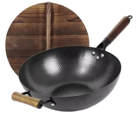 Traditional Chinese Hand Made Carbon Steel Wok Non Stick Pan with Wood Lid and 2 Handles Black Carbon Steel Frying Pan