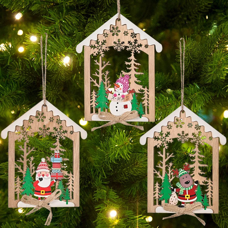 Factory Price Christmas Ornament Wooden Hanging Pendants Star Xmas Tree Bell Christmas Decorations for Home Party New Year
