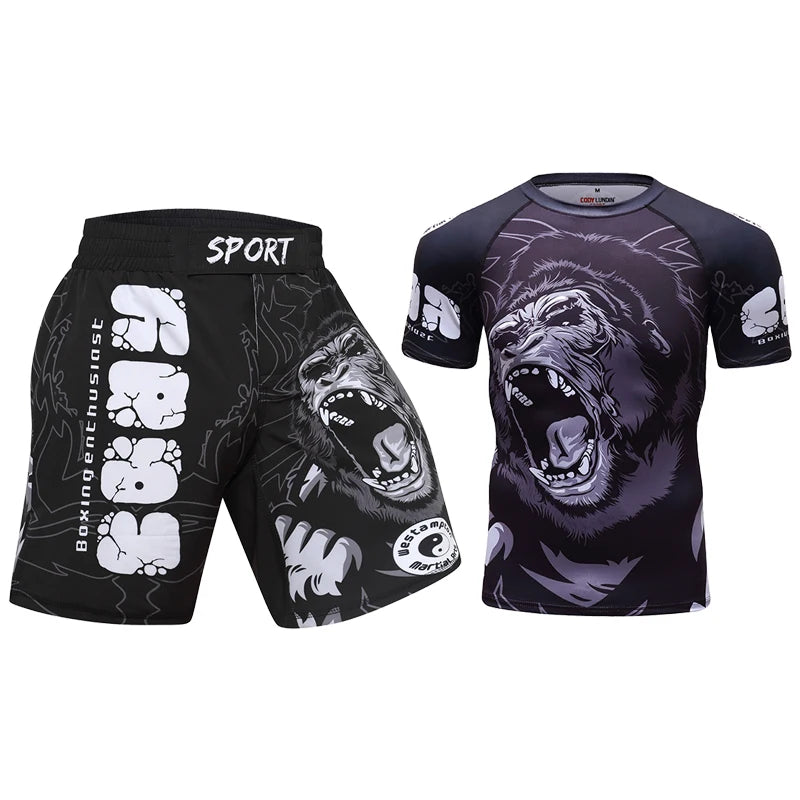 Men's Two-Piece BJJ MMA Rashguard Pants Set 88% Polyester + 12% Spandex Quick Dry Digital Printed Crew Neck