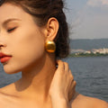 G2436 Luxury Earrings Women Stainless Steel Wide Brushed Finish Eggshell Oval Ball Shaped 18K Gold Plated Hoop Stud Earrings