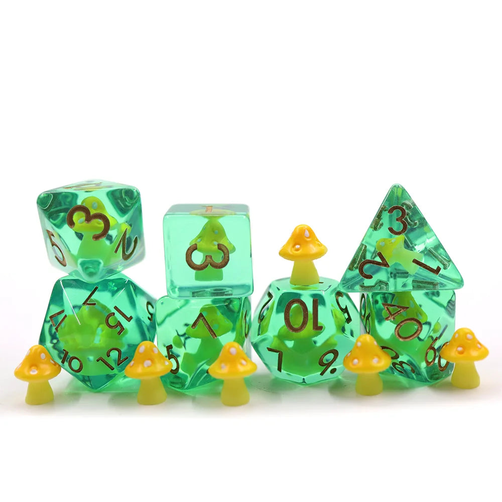D4 D6 D20 Polyhedral Resin Green Dice Set Yellow Mushroom Inclusion for Dndrole Playing Dice