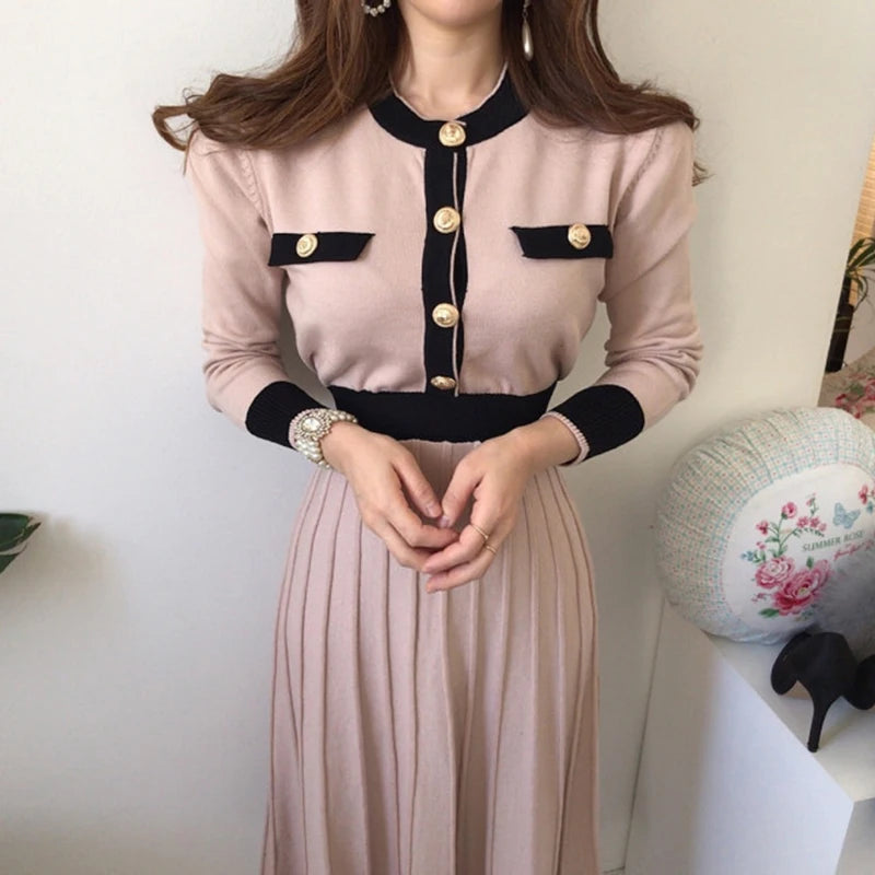 Wholesale 2026 Korean Chic Autumn and Winter Soft Round Neck Chic Button High Waist Dress Lace up Bow Knit Dress