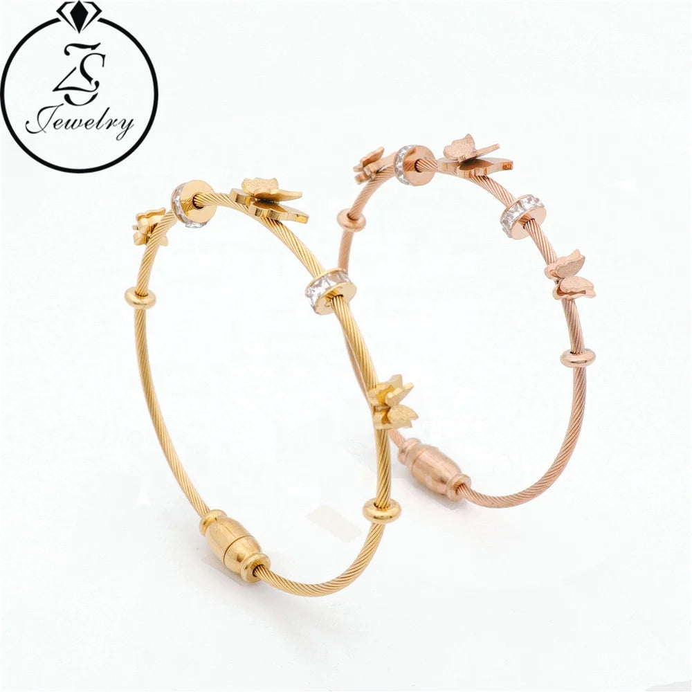 Zircon Diamond Gold Plated Cuff Fashion Stainless Steel Wire Jewelry Twisted Cable Butterfly Bangle Bracelet Girls