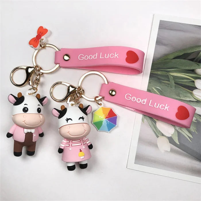 2021 Cute 3D Cow Couple Lucky Durable Plastic Bracelet Keychains for Women