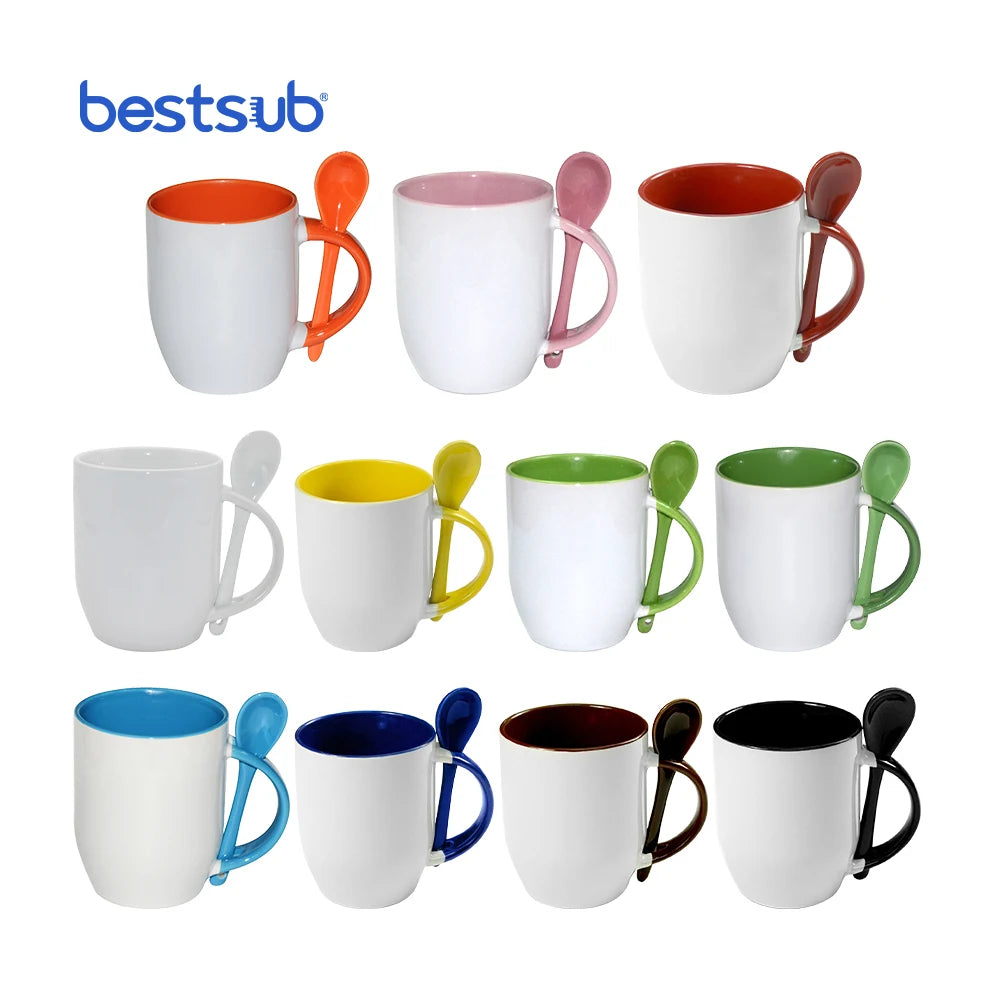 Personalised BestSub Wholesale Custom 11oz Photo Heated Sublimation Ceramic Travel Color Spoon Coffee Mugs B11S