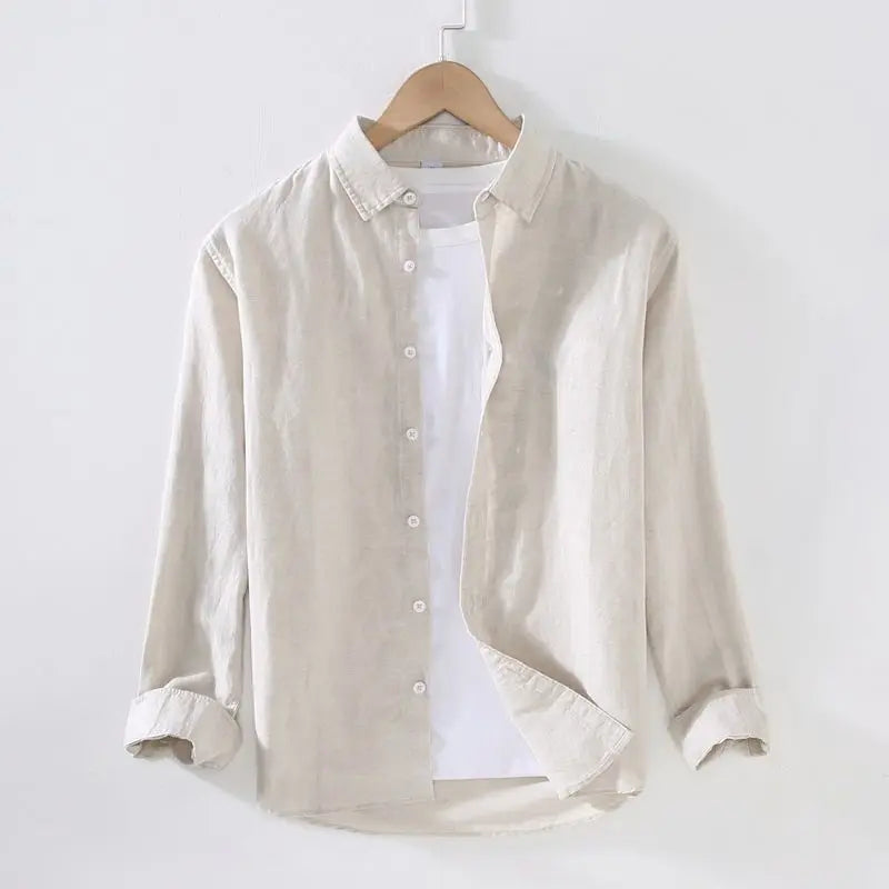 RNSHANGER Men's Linen Long Sleeve Shirt Business Casual Solid Color Trendy Loose Turn-down Collar Single Breasted Men Shirts