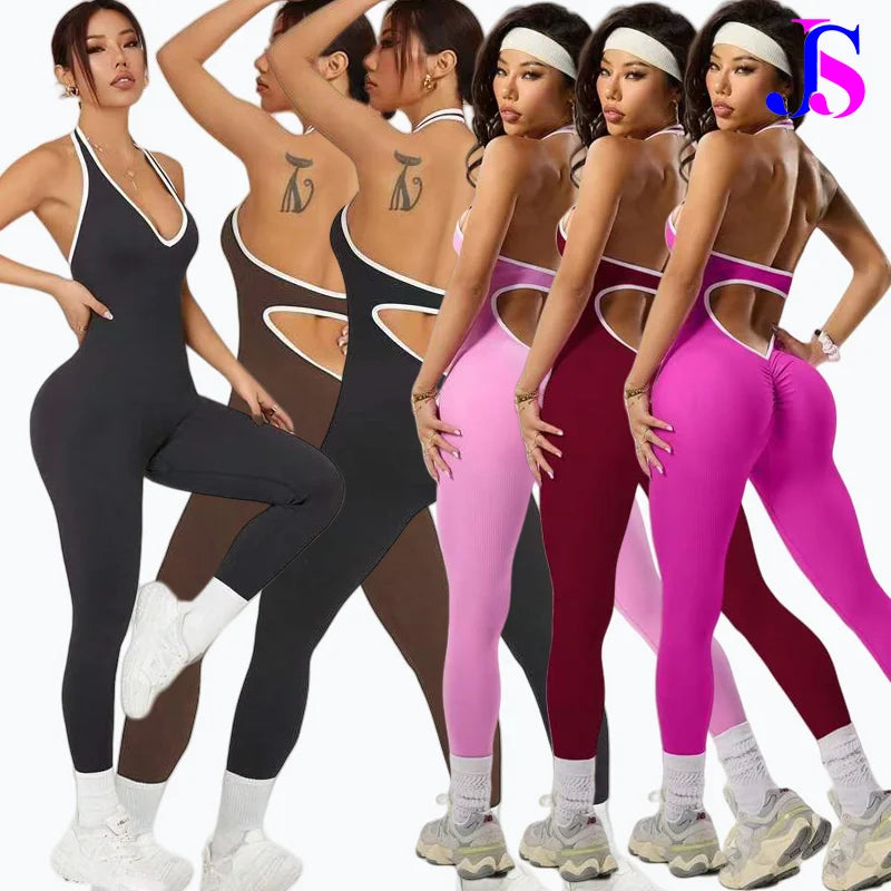 NEW Women Contrast Yoga Jumpsuits Workout Running Clothes Sportswear Gym Fitness Ribbed V Waist Leggings Bodysuit Activewear