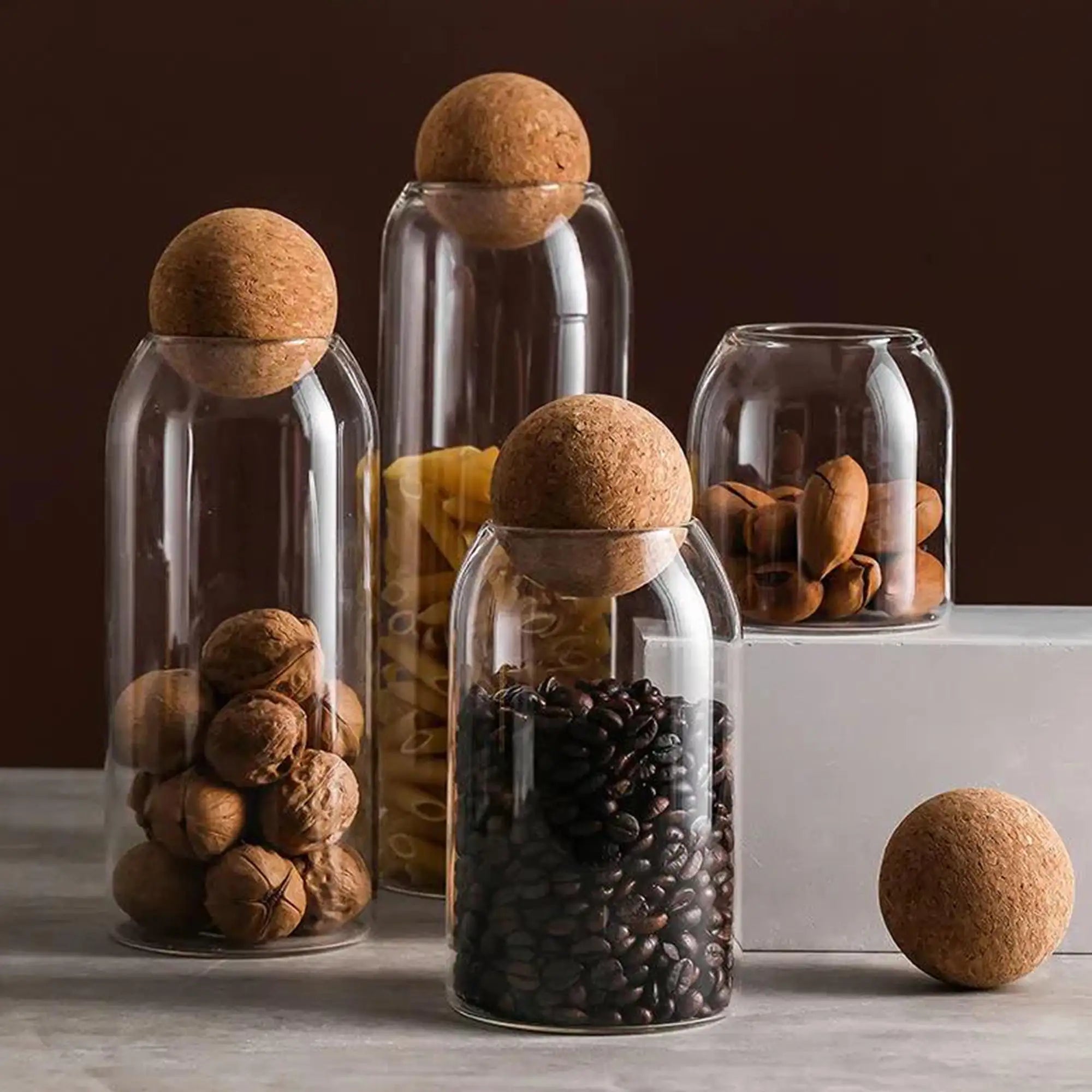New Design Custom 480ml 700ml 1000ml 1200ml  Serving Tea Coffee Spice Sugar Salt Airtight Seal Wood Cork Ball Glass Jar with Lid