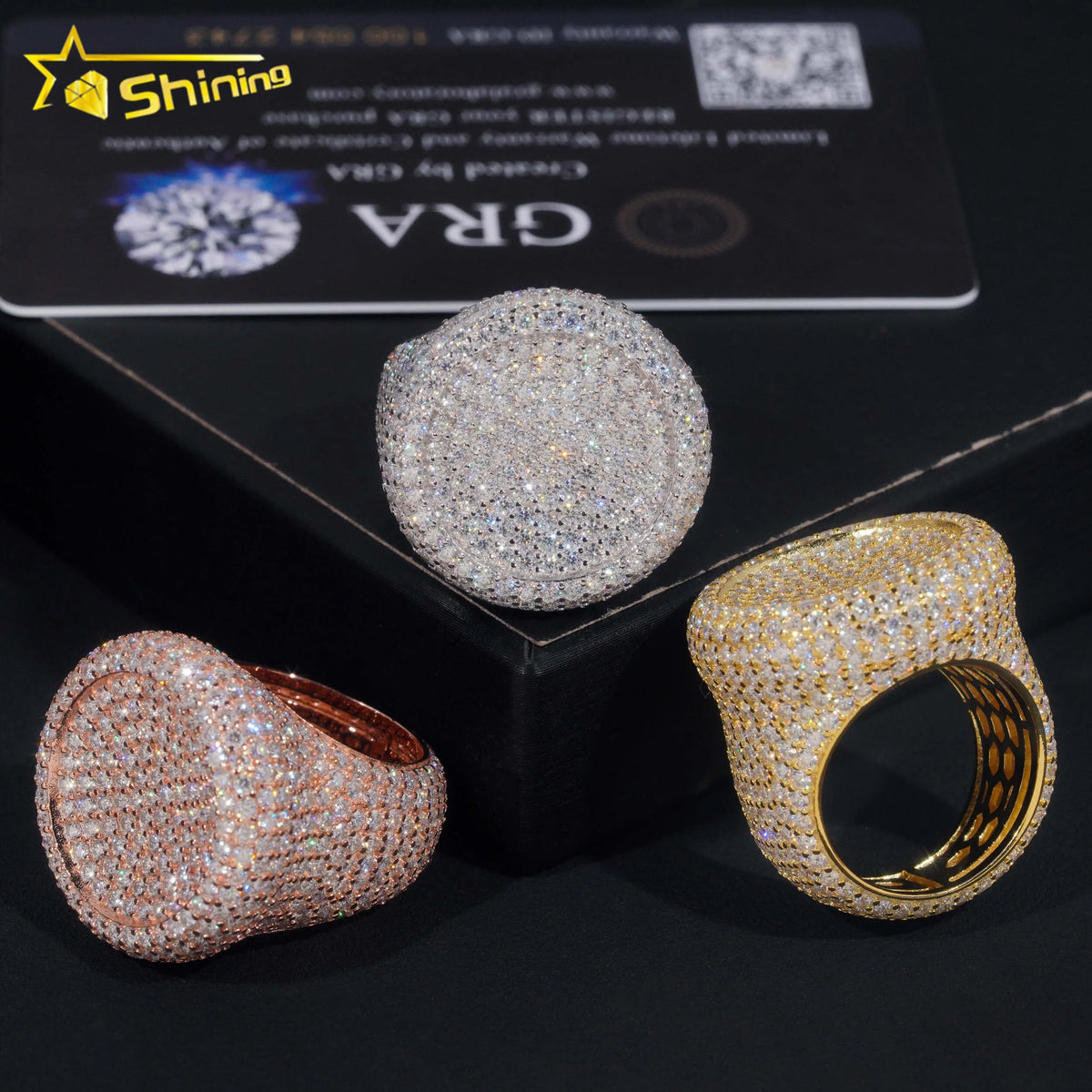 Stock Pass Diamond Tester Hip Hop Jewelry 925 Silver Fully Iced Bubble Edge Round Diamond Moissanite Men Ring Pinky Ring MegaBDM