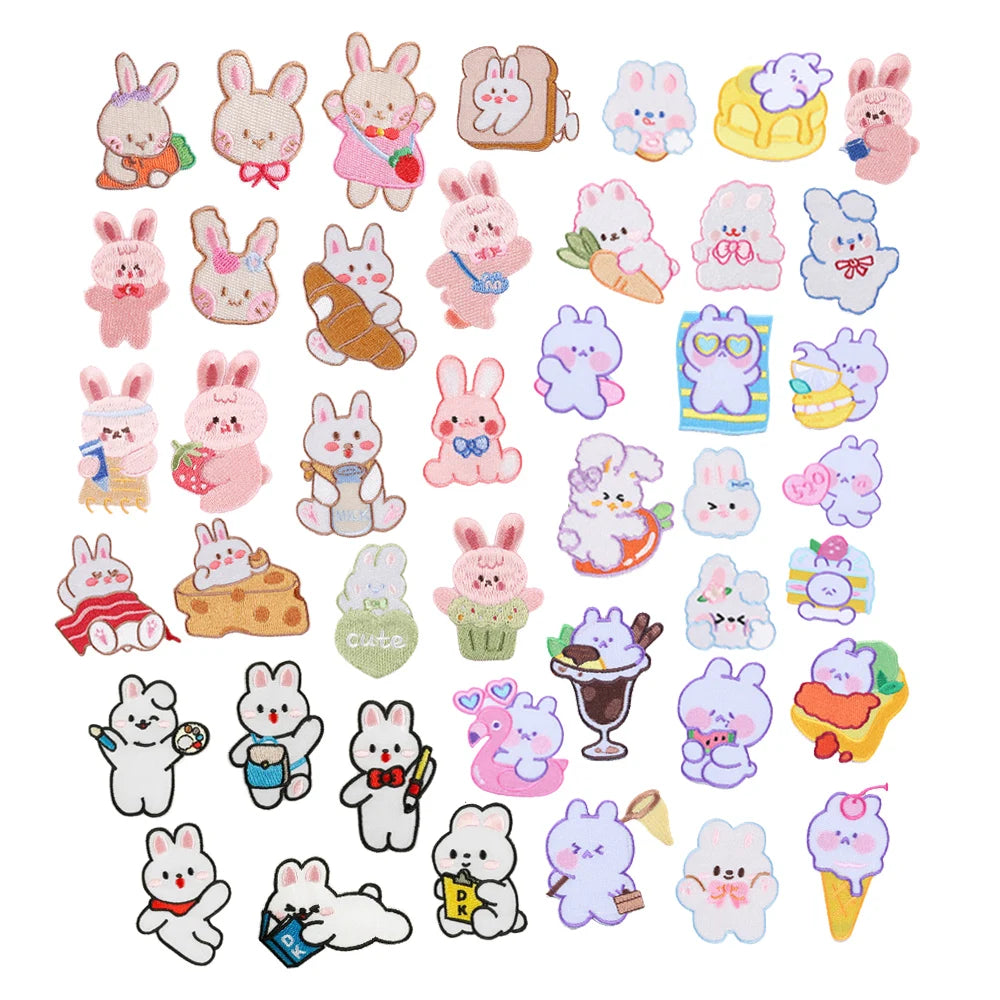 Hot Sale Cute Cartoon Self Adhesive White pink Rabbit Study Eat Food Design Embroidery Patch Sticker for Garment Hair Ornament