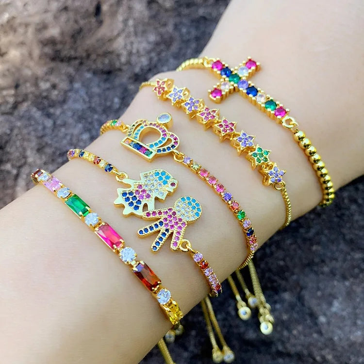 SC Wholesale Various Kinds Gold Plated Bracelets Fashion Colorful Zicon Bracelets Shiny Design Crown Cross Heart Bracelets