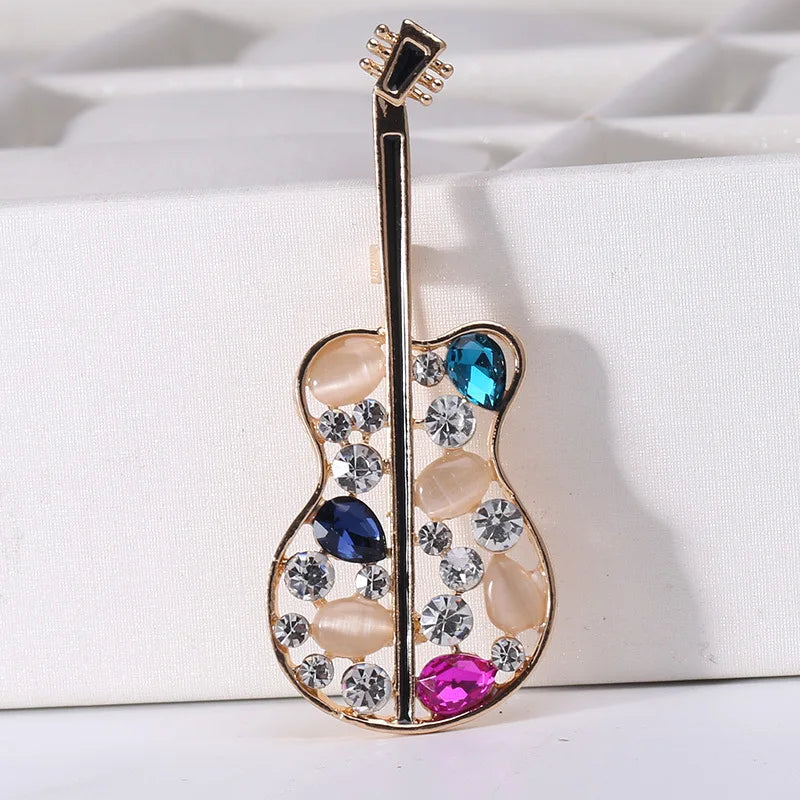 Jachon New Fashion Designer Brooches Rhinestone Violin Alloy Musical Instrument Brooch Pins  for Girls