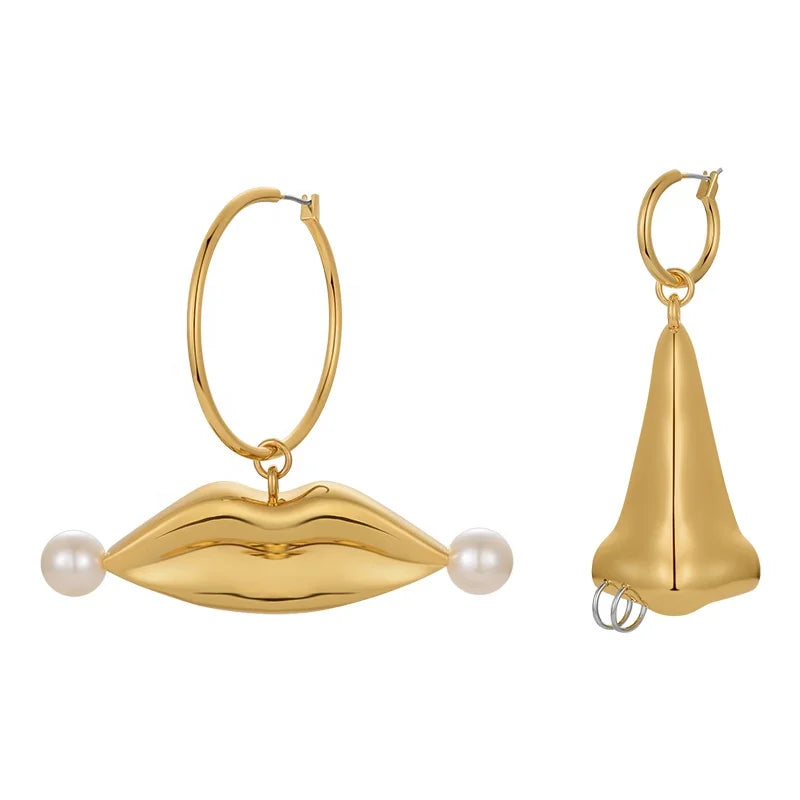 18K Gold Plated Brass Jewelry Exaggerated Nose Lips Earrings for Women Party Accessories Hoop Earrings E221388
