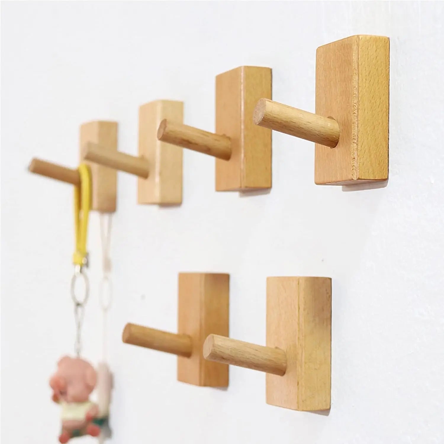 Wall Mounted Extended Wooden Pegs Hat Hooks Coat Rack Durable Rectangle Adhesive Beech Wood Wall Hook for Hanging
