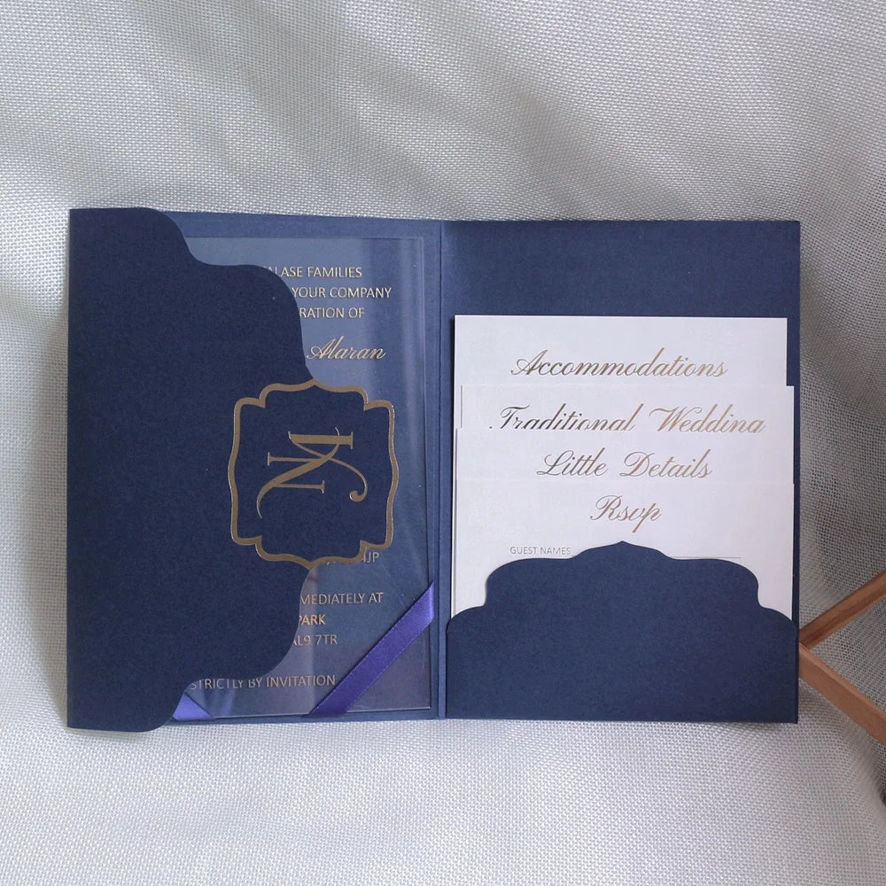 Luxurious Acrylic Pocket Folder English Wedding Invitation Cards in Gold and Blue