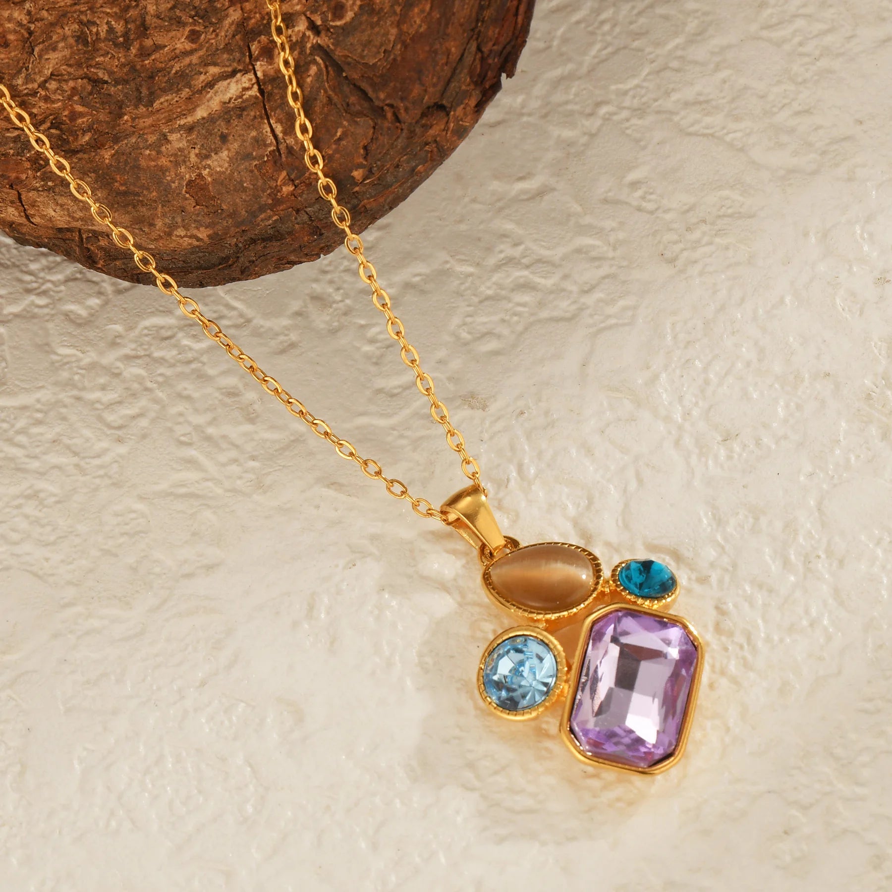 Hot Sale 18K Gold Plated Vintage Natural Stone Zircon Stainless Steel Fashion Pendant Chain Necklace