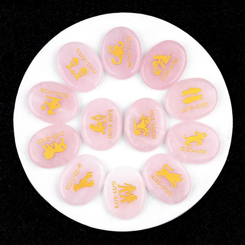 HZ 12 Piece Natural Amethyst Agate Stone Set Gemstone Carved Zodiac Patterns Engraved Tiger Eye Chakra Stones Reiki Stone