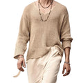 Autumn Men Long Sleeve T Shirt Vintage Solid Knitting Tops Mens Casual Loose V Neck Tee Fashion Male Knitted Tshirts