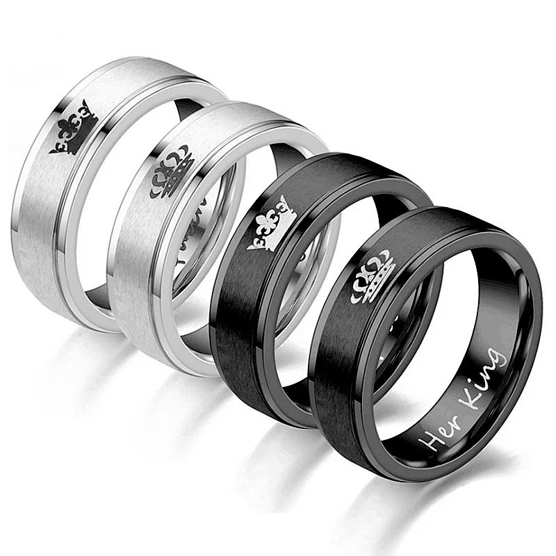 Hot Sale Trendy Stainless Steel Engraving Her king His Queen Crown Band Couple Rings for Engagement Wedding Anniversary Gift