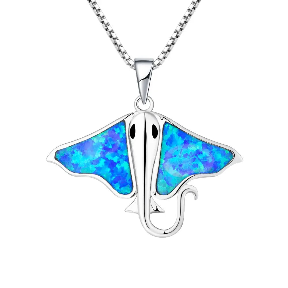 925 Sterling Silver Created Blue Opal Manta Ray Pendant Charm Necklace Gemstone Sea Life Fine Jewelry Gifts for Women