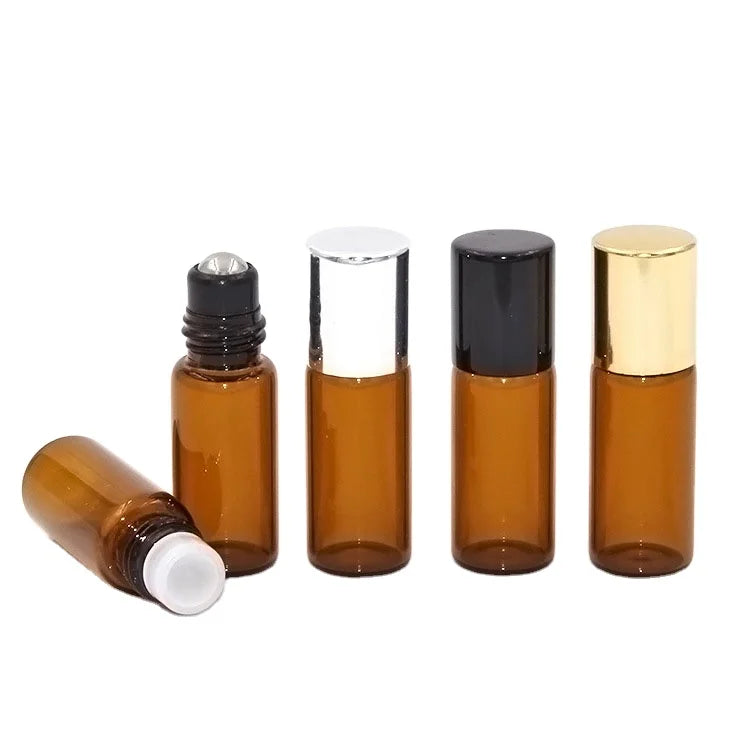 Wholesale 3ML Dark Brown Amber Roller Glass Bottle with Metal Roller Cylinder Shape Roll on Sealing Type