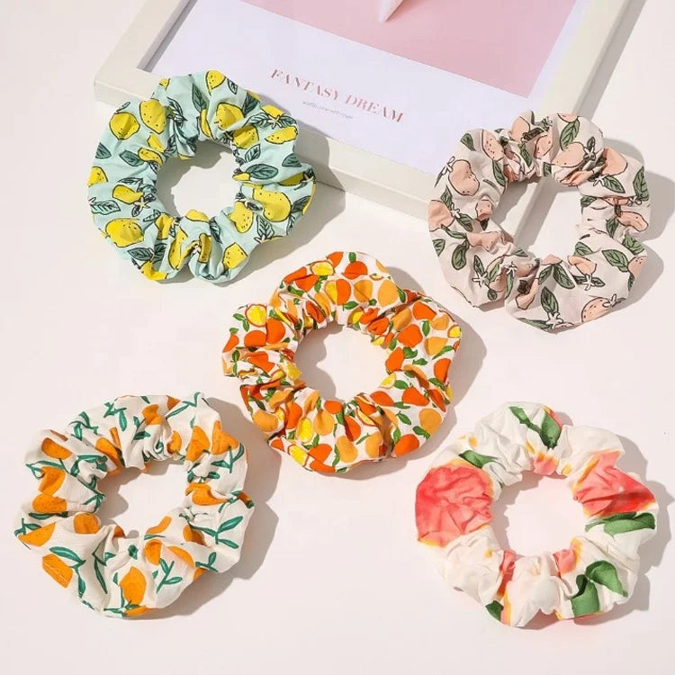 MIO Custom Multiple Print Scrunchies Plant Design Printed Custom Logo Scrunchie Polyester Scrunchies Hair Tie Fruits for Women