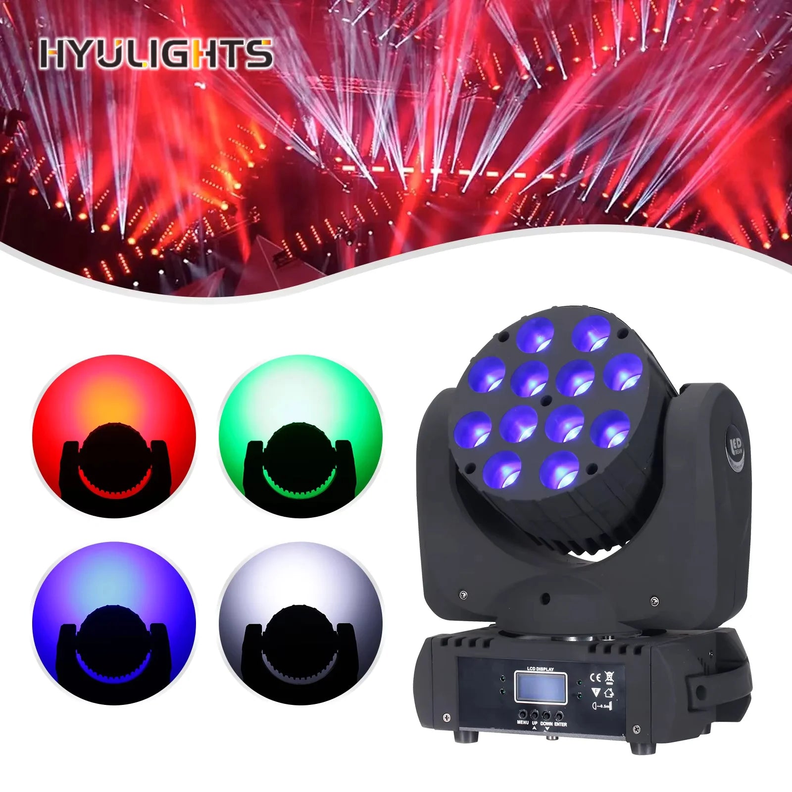 12x12W RGBW LED Moving Head Stage Light 16.7 Million Colors 9/16 DMX Channels for Disco Parties & DJ Strobe Shows Lights