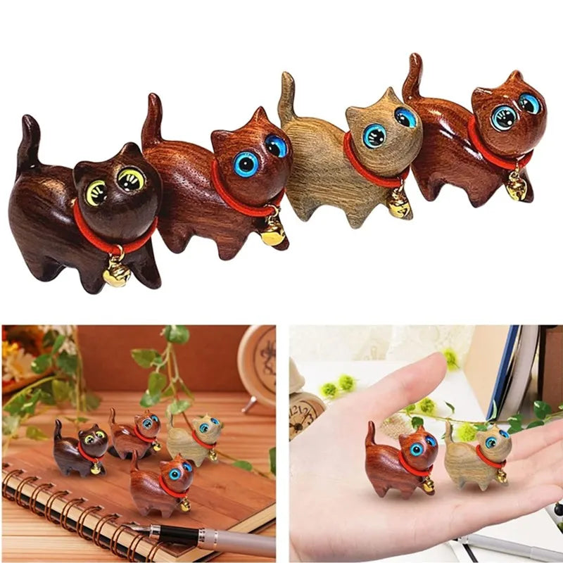 Sandalwood Handmade Handcrafted Miniature Wooden Carved Walking Cat Kitten Figurine Sculpture Statues Art Crafts