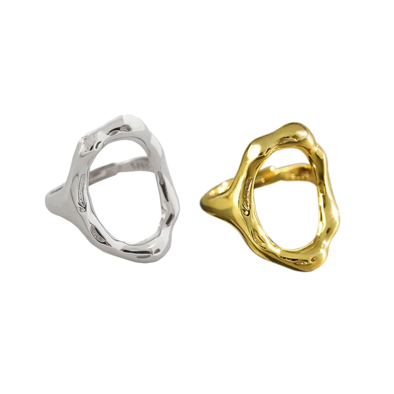 WuQie Minimalist Gold Plated Silver Ring Irregular O Shape Hollow Adjustable Ring for Women MegaBDM