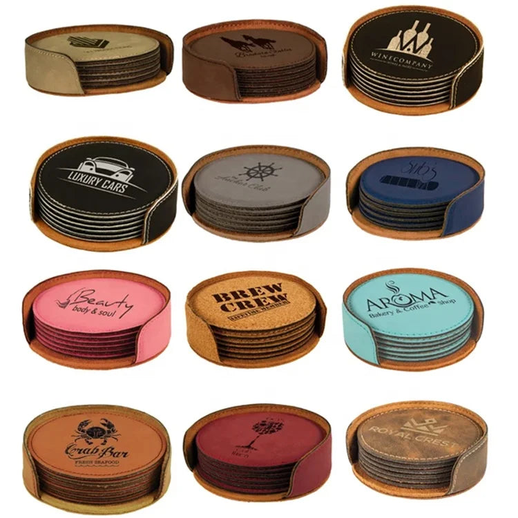 Fashion Custom Print Logo Pu Leather Drink Coasters Wedding Laserable Leather Drink Coaster With Holder Set