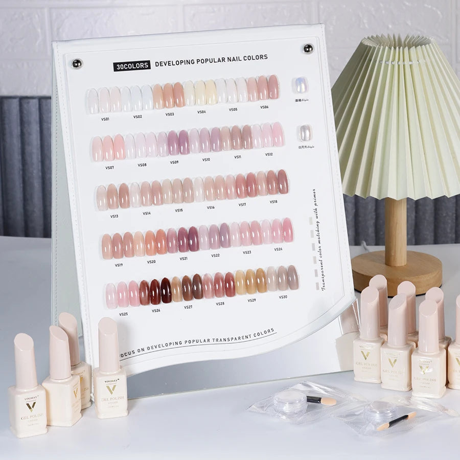 VINIMAY Custom Private Label Translucent Gel Polish Set 30 Colors Nail Gel Color Set Vegan Ice Jelly Resin UV Gel for Nail Art
