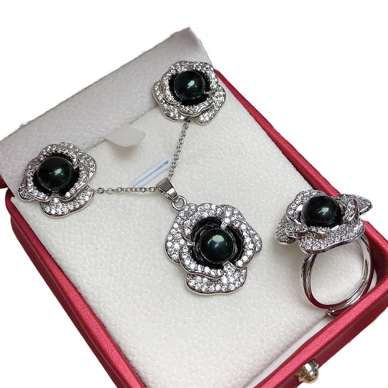 4 Piece Set of European and American Popular Ladies Gift Elegant Gold Plated Zircon Flower Shape Freshwater Pearl Necklace Ring