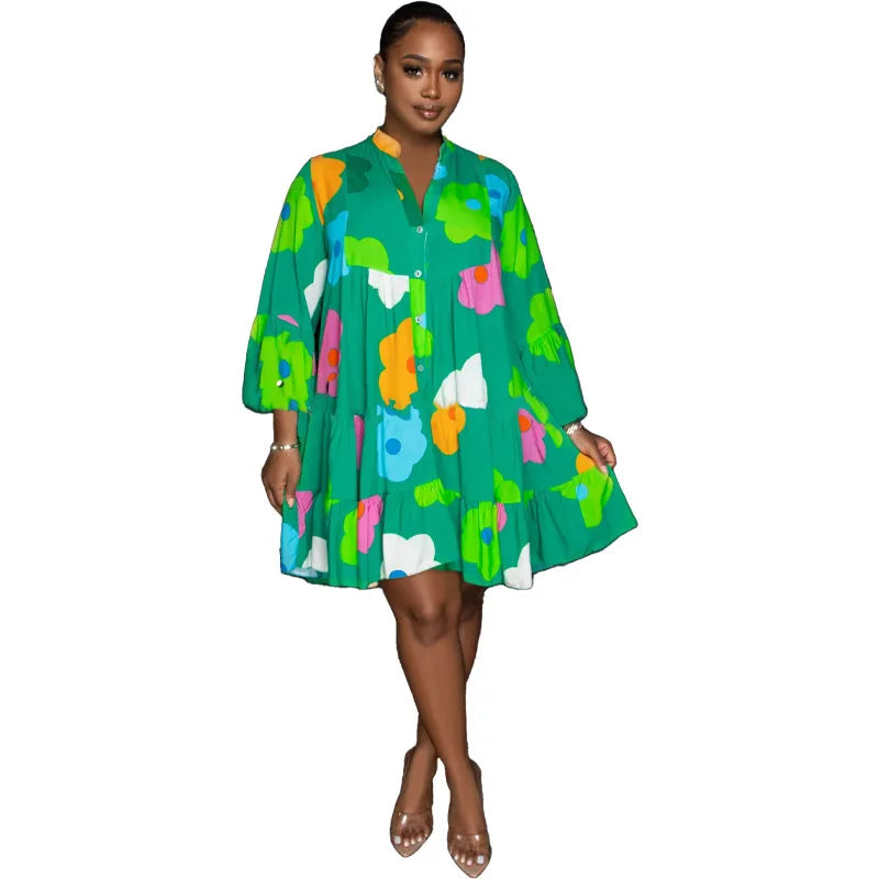 New European and American Popular Women's Fashion Painted Print V-Neck Long Sleeve Large Swing Dress
