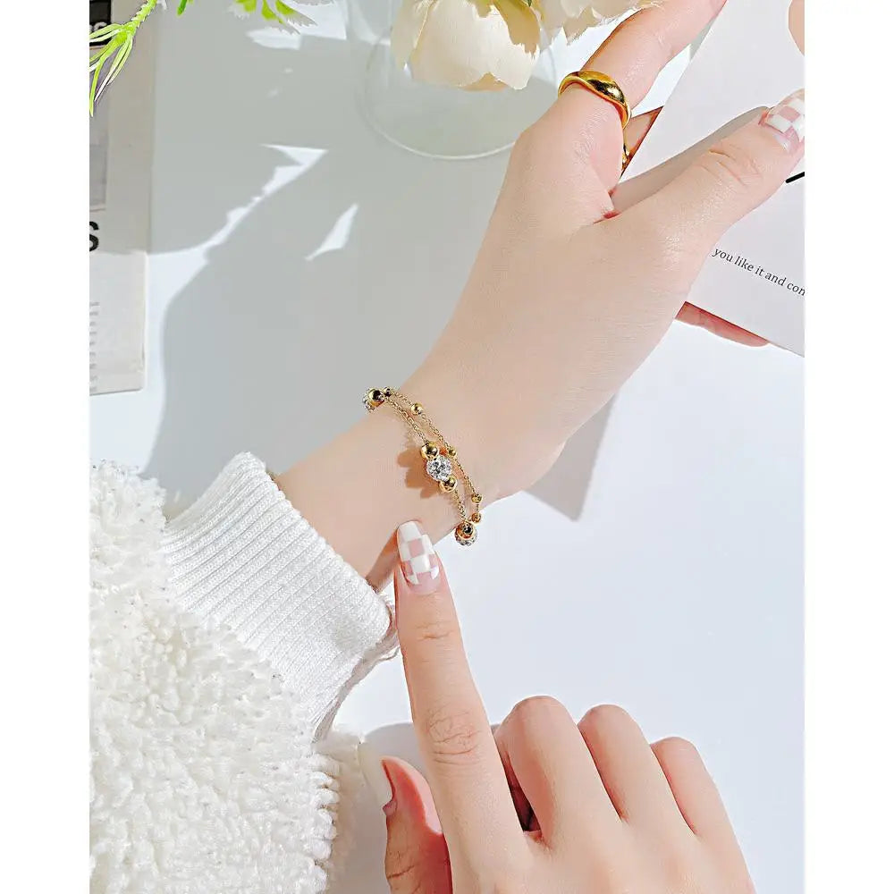 Classic Trendy Double Layer Stainless Steel Women's Bracelet Bead Zircon Gold Plating Fashion Chain Link Bracelets Engraved Logo