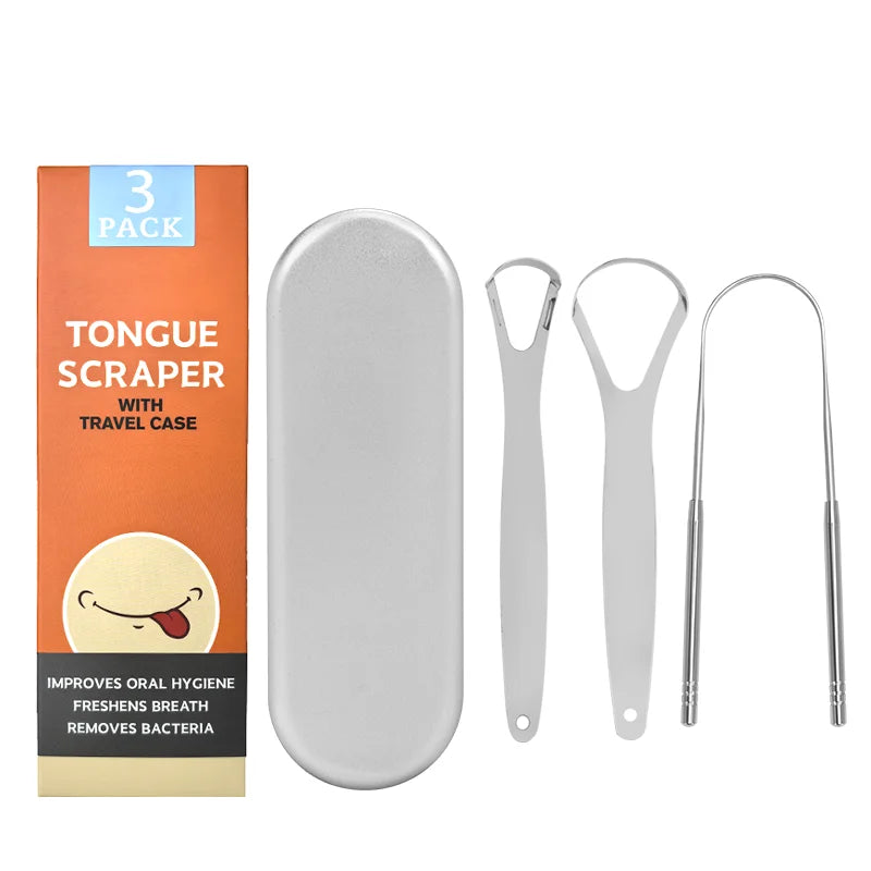 3-Piece Set Professional Stainless Steel Tongue Scraper Private Label Cleaning Tool with Travel Box
