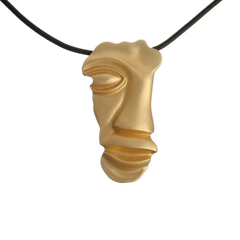 Exaggerated Abstract Human Face Pendant Necklace Emboss Metal Sweater Chain for Women Art Facial Dangle Bijoux Gift