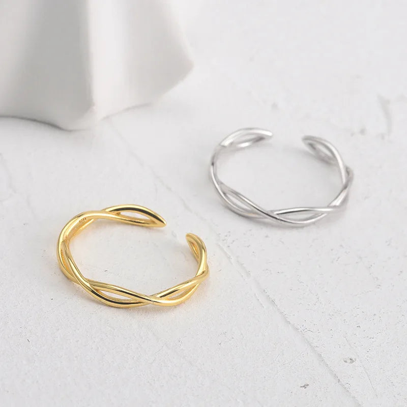 Vintage Gold Plated Fine 925 Sterling Silver Twist Design Open Cuff Adjustable Finger Ring Jewelry Rings for Women