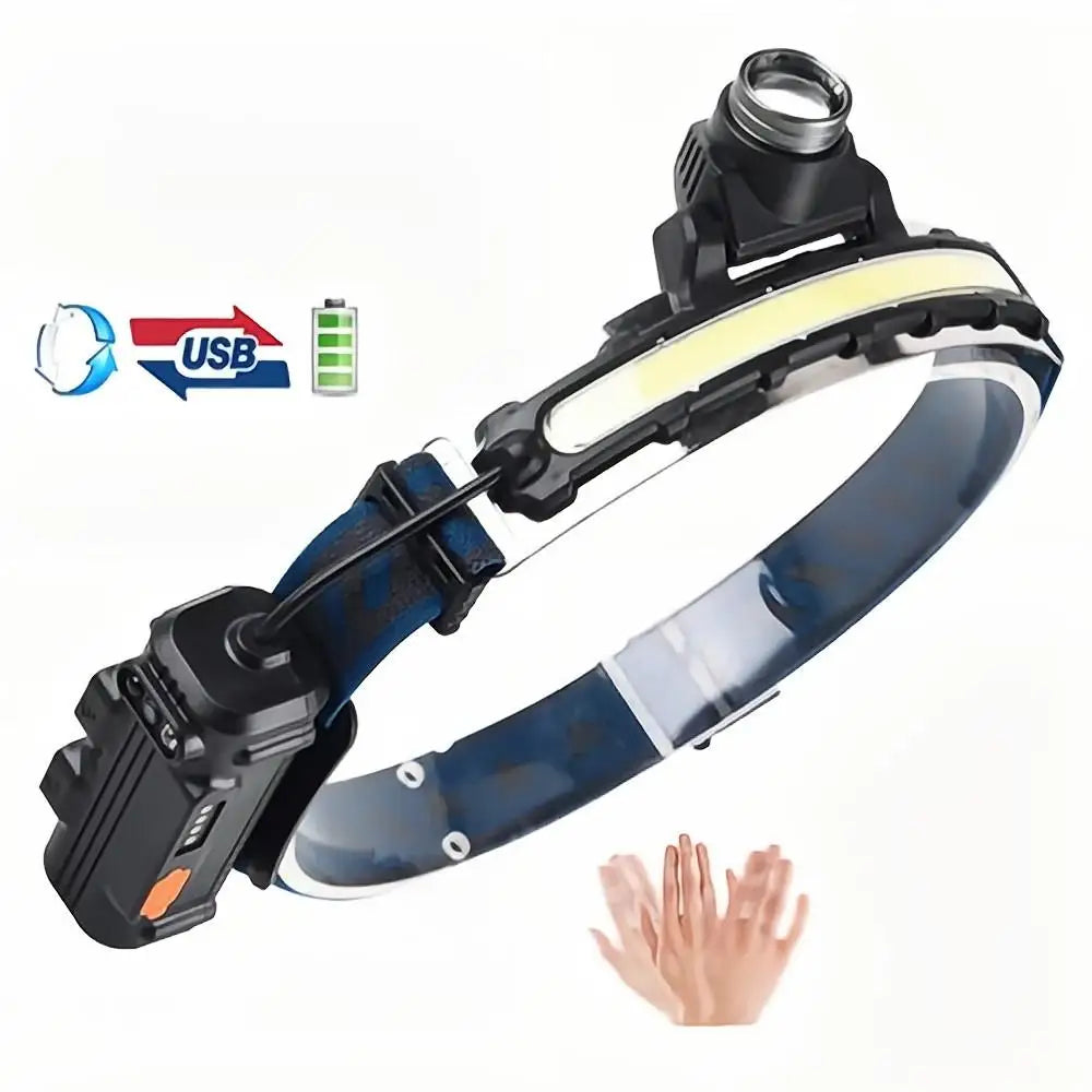 Xpg+cob Outdoor Led Stainless Steel Inductive Power Display Type-c Floodlight Rechargeable Zoom Headlamp