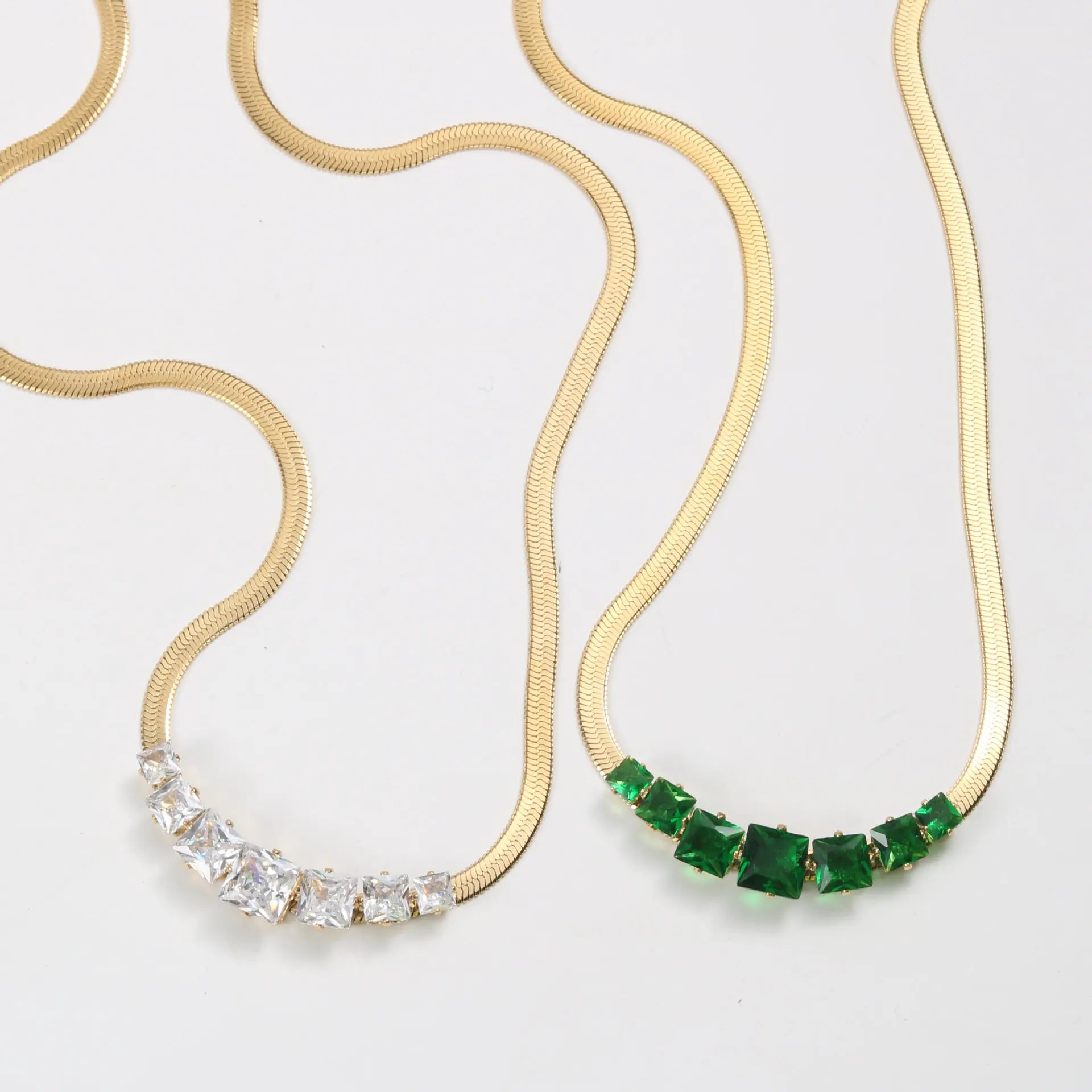 Joolim Jewelry Gold Plated 7 Gradient White & Green Zirconia Pendant Snake Chain Necklace Stainless Steel Jewelry Wholesale
