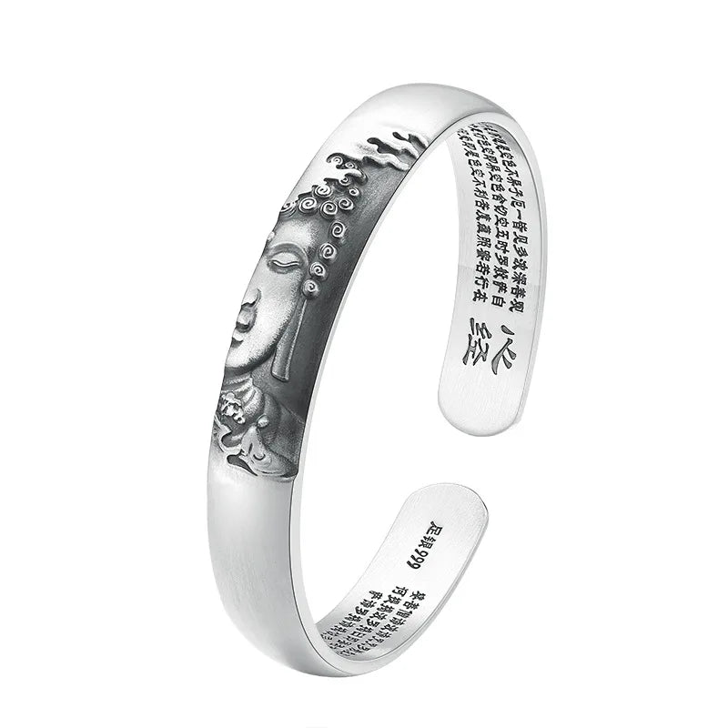 9mm Wholesale 999 Sterling Silver Bracelets Bangles for Men and Women Adjustable Opening Buddhist Heart Sutra Retro Jewelry